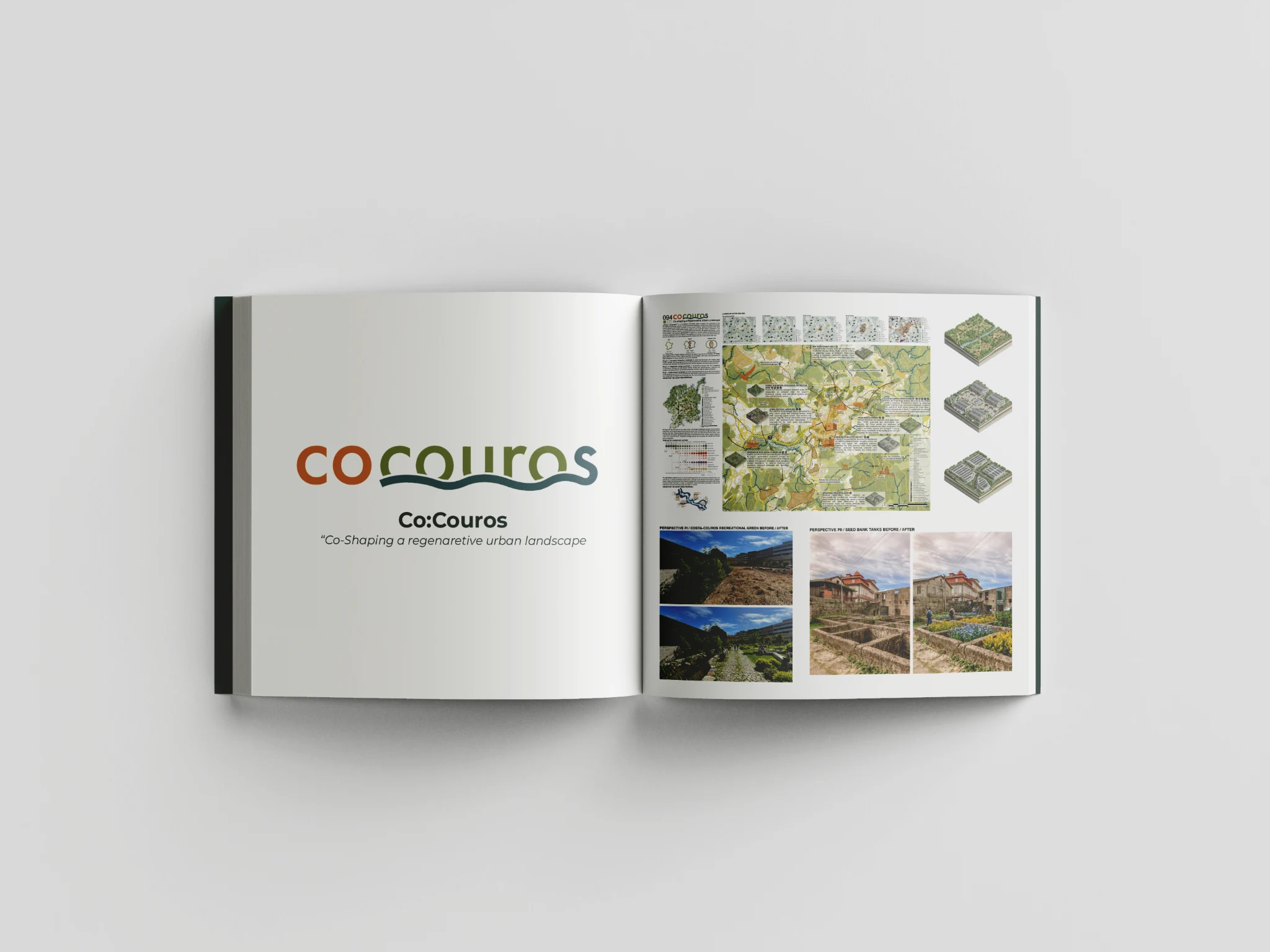 Portfolio spread showing regenerative urban landscape diagrams and drawings