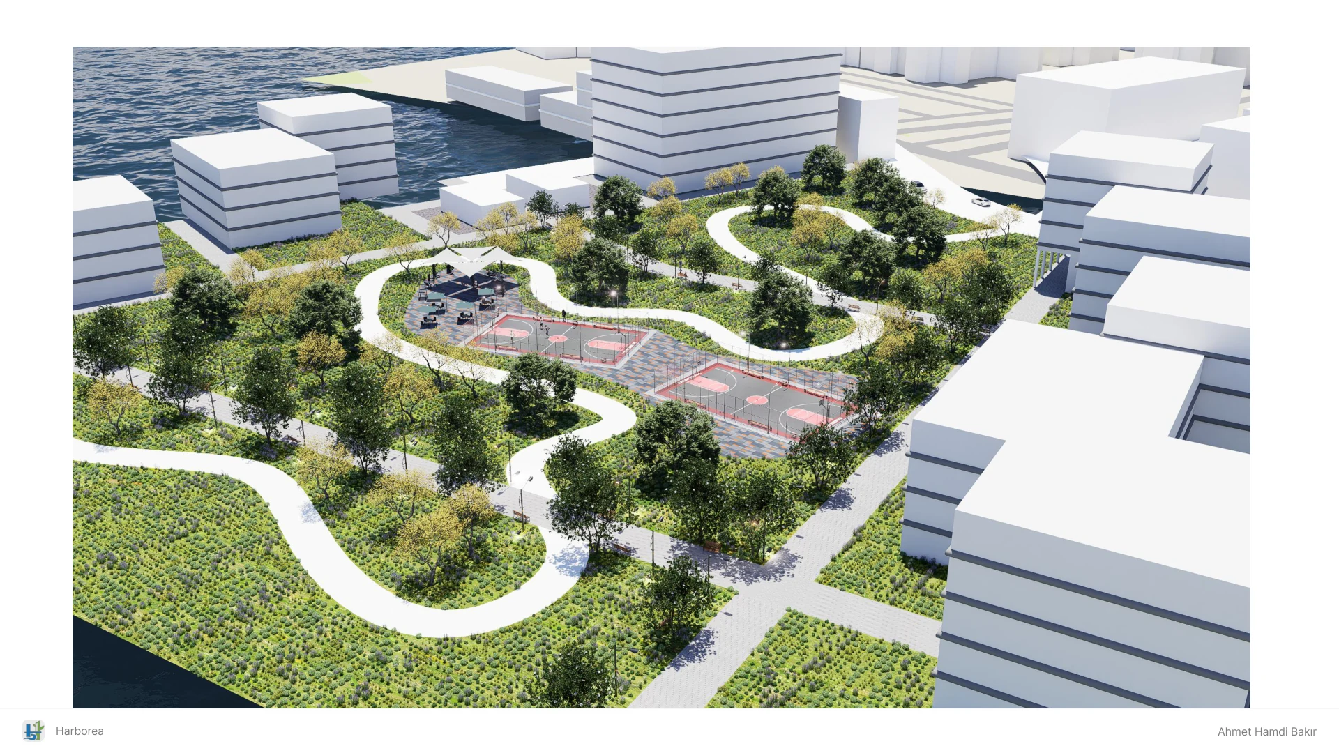 Aerial visualization of Harborea's connected park paths and public spaces