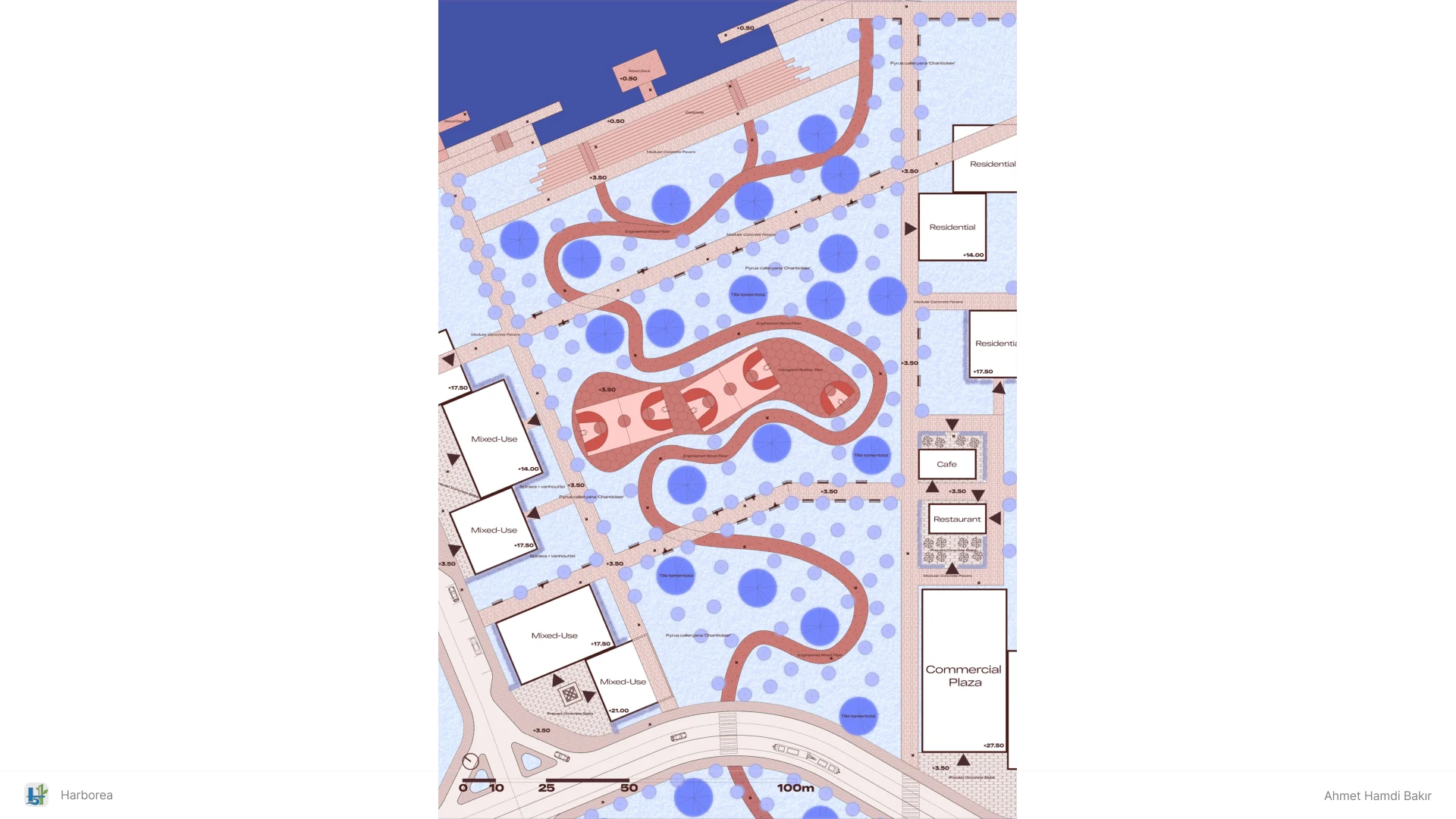 Detailed Harborea landscape plan showing planting zones and movement loops