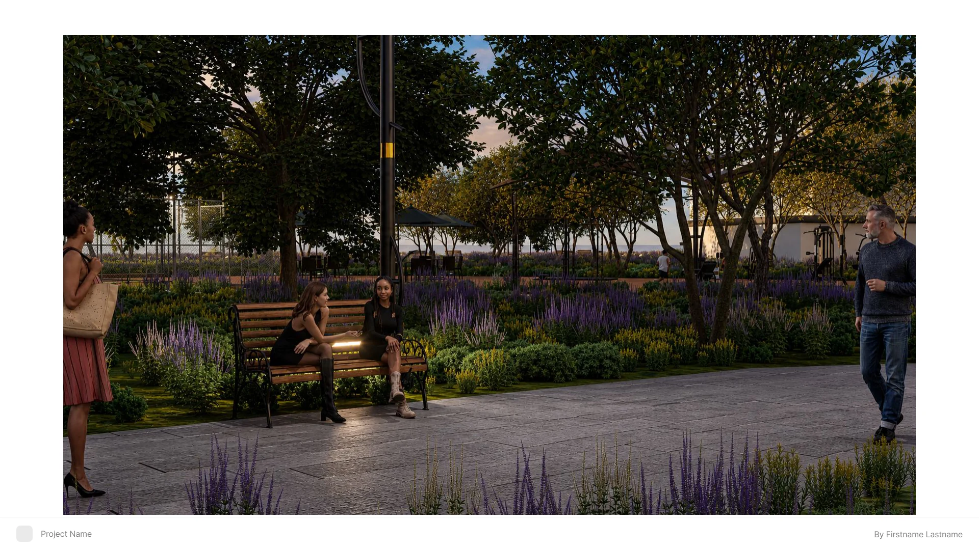 Harborea garden perspective with planting, shade and seating