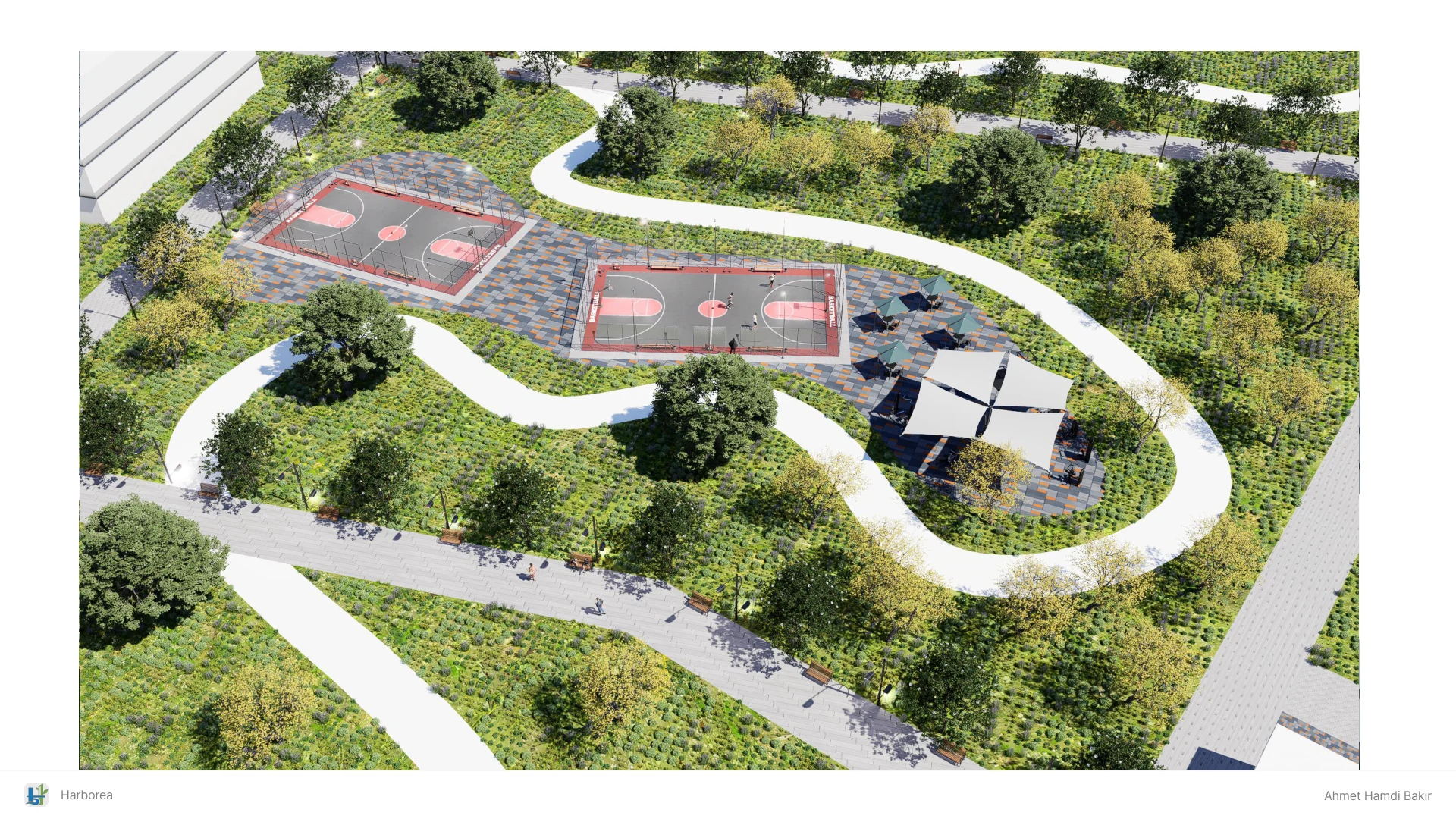 Harborea aerial view of a circular park path and recreation spaces