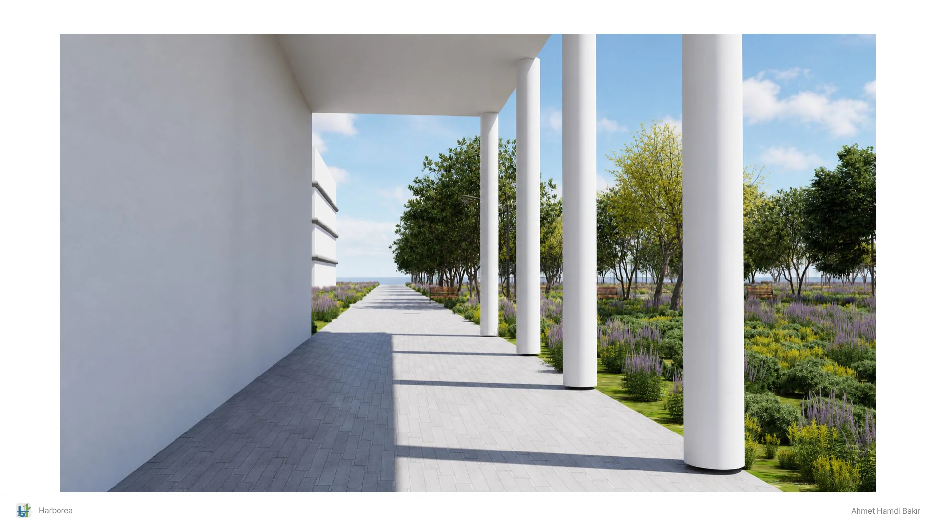 Harborea promenade perspective with a colonnade, planting and pedestrian route